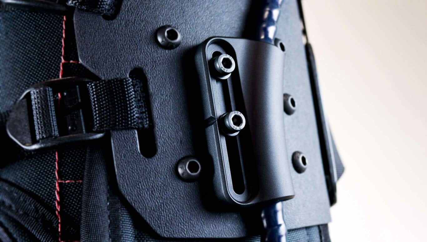 Close up photo displaying adjustability and hardware built into the OX exoskeleton