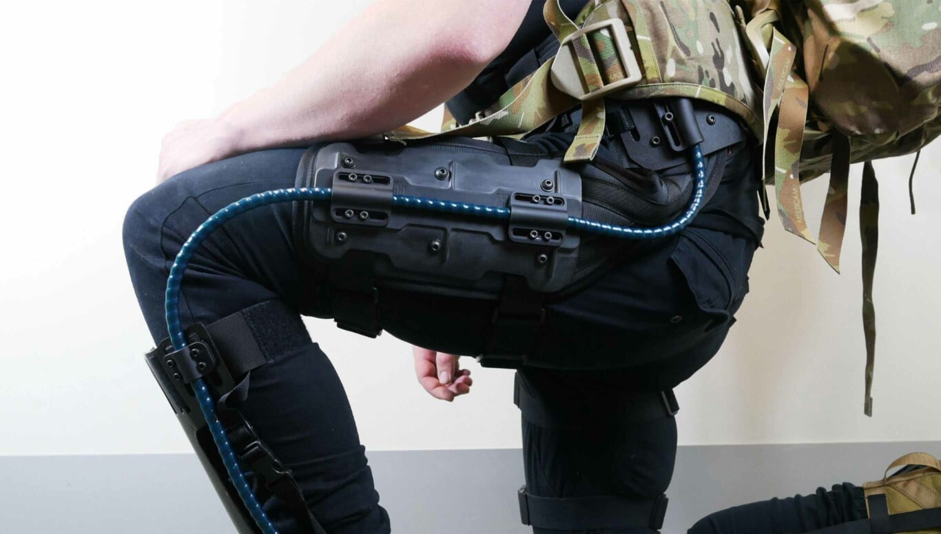 User demonstrating range of motion of the OX exoskeleton equipment