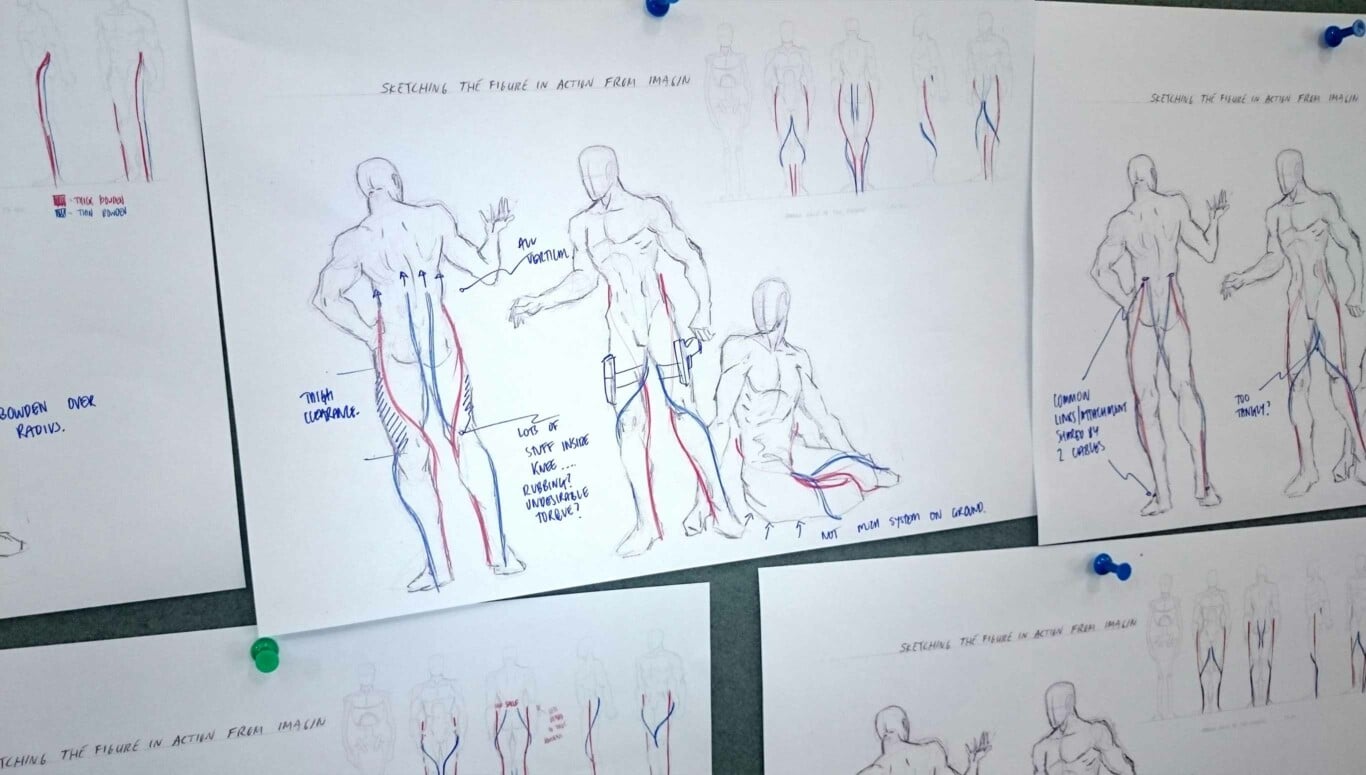 Concept sketch brainstorming routing of flexible cables in OX exoskeleton