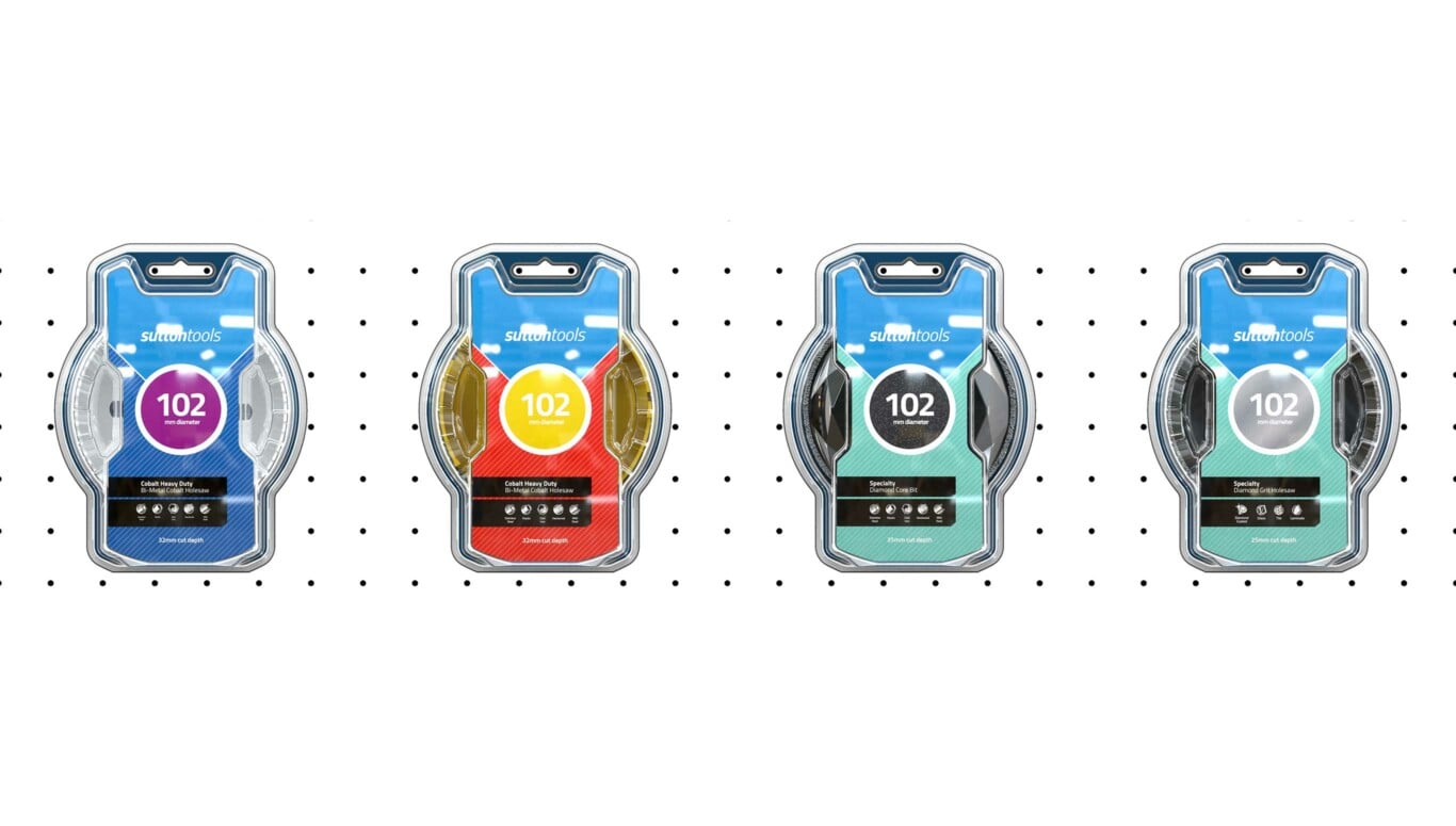 Alternate Sutton packaging colourways to distinguish different holesaw types