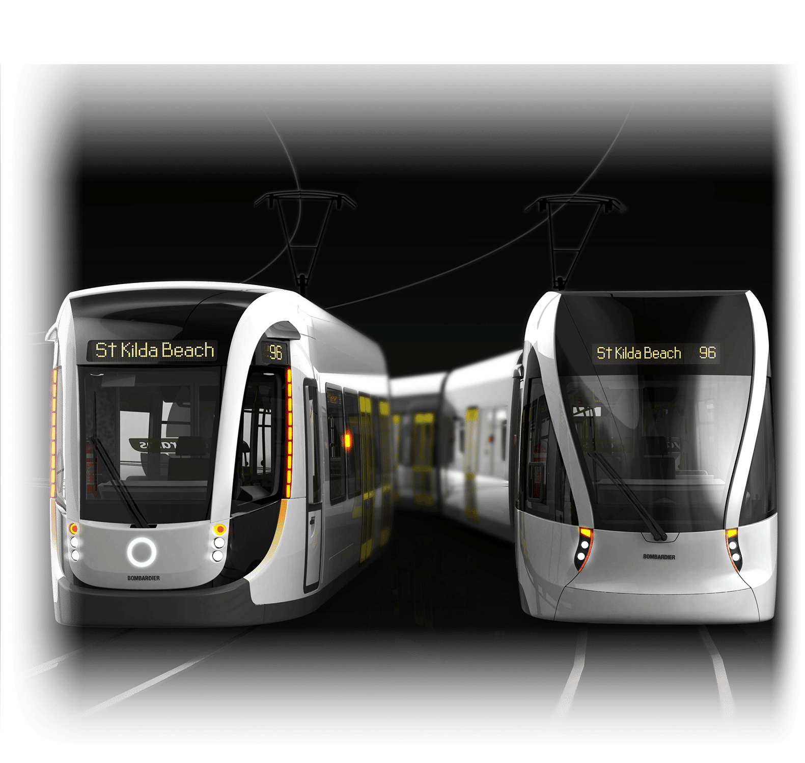 Render of two Melbourne tram designs operating side by side