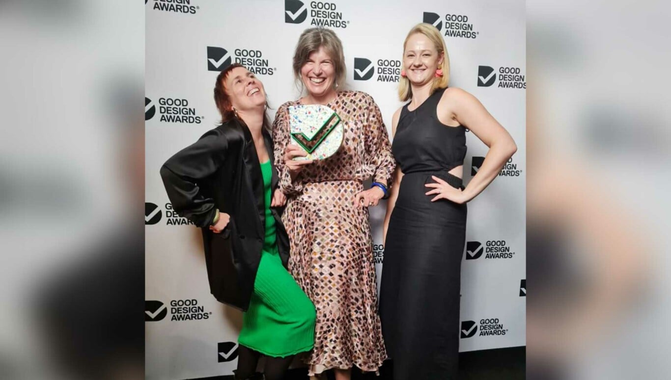 Lou Dyer, Abigail Forsyth, Kate Bednarz celebrate their award